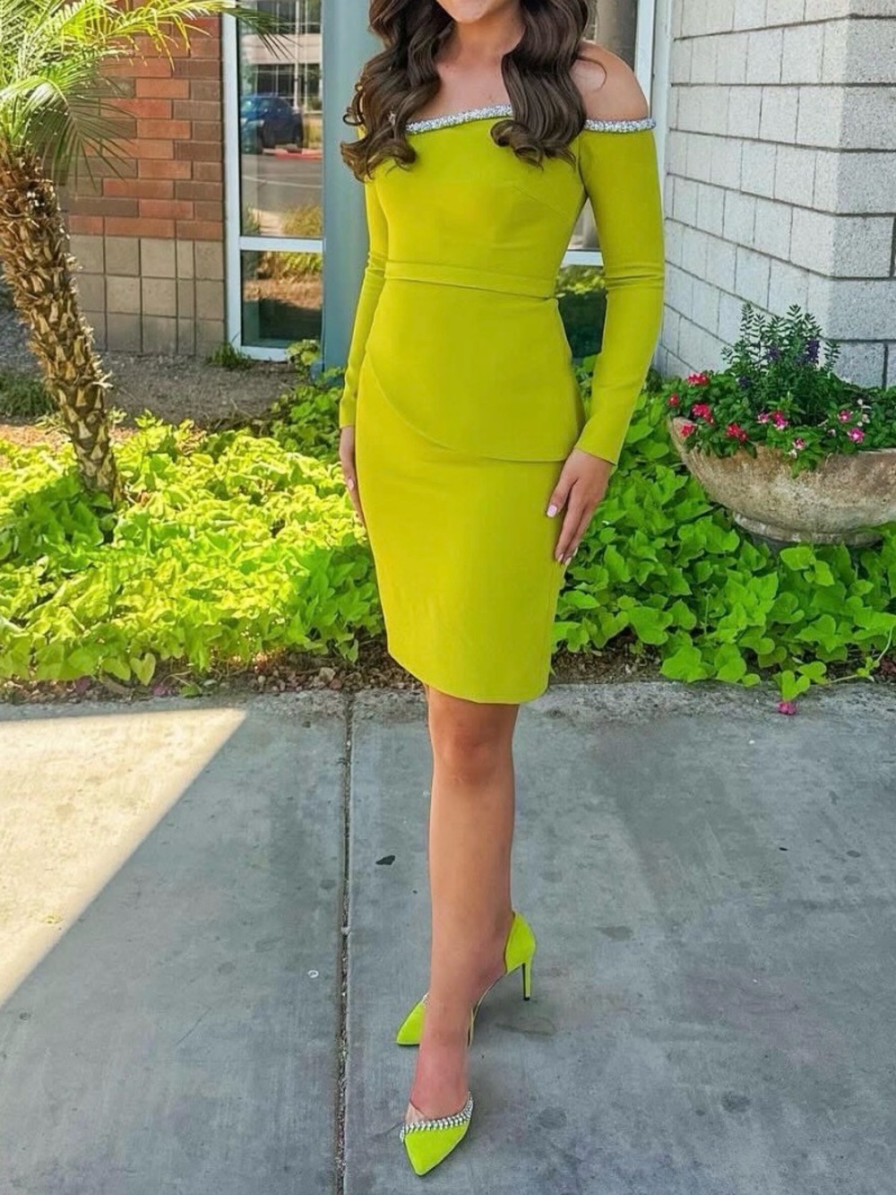 Elegant Off-Shoulder chartreuse Green Dress